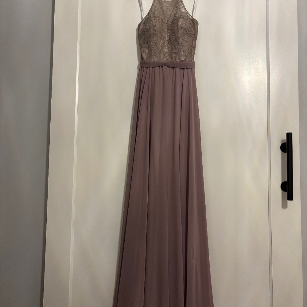 Long Formal Dress – Lace Bodice, Criss-Cross Back, Floor-Length Gown